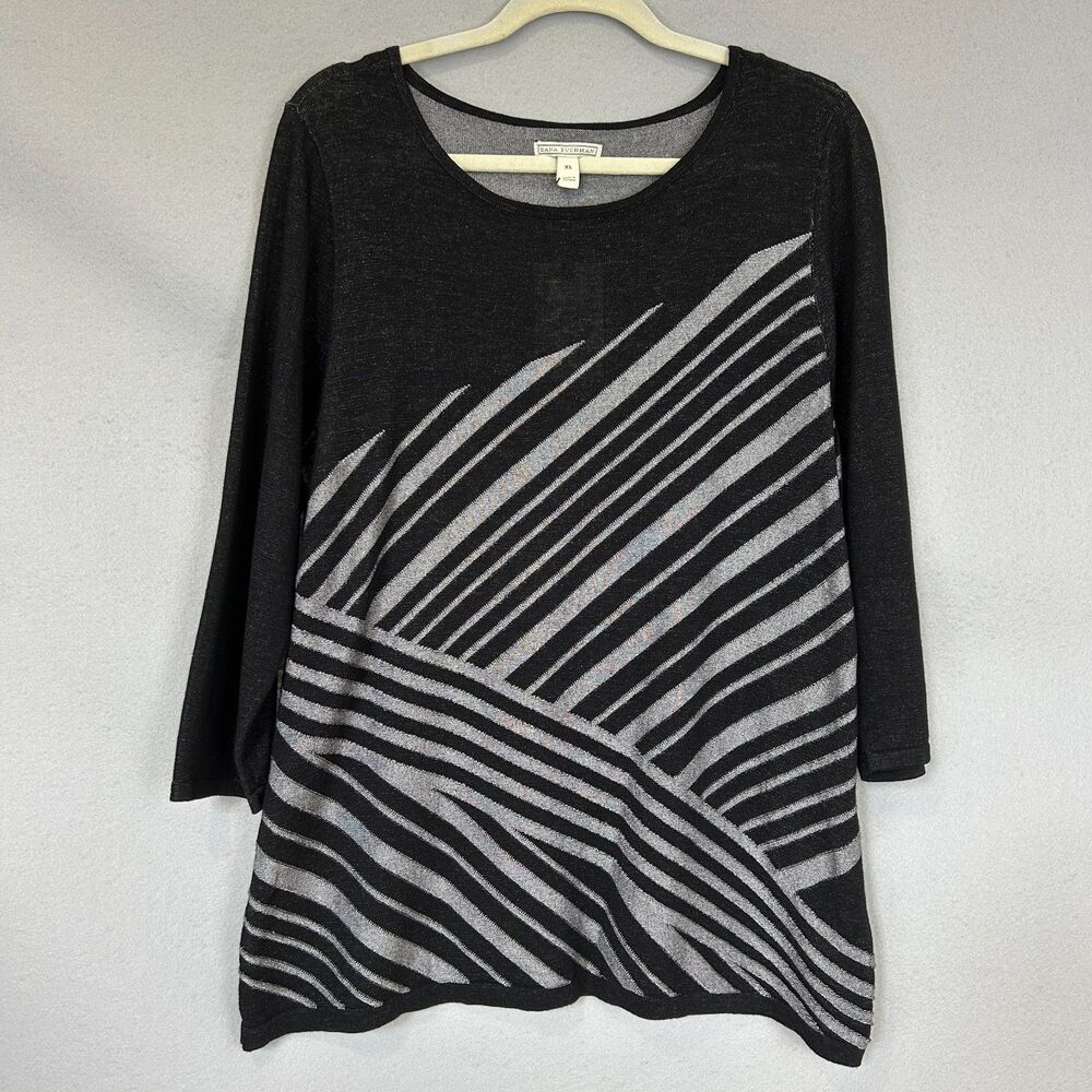 Dana Buchman XL Black Silver Asymmetrical Stripe Knit Sweater Womens Long Sleeve